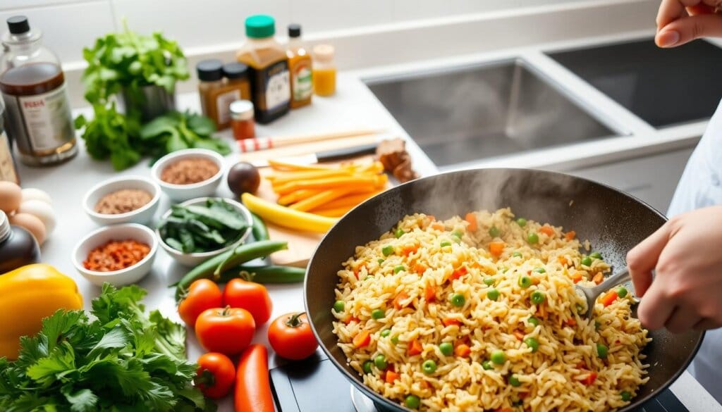 Homemade fried rice preparation