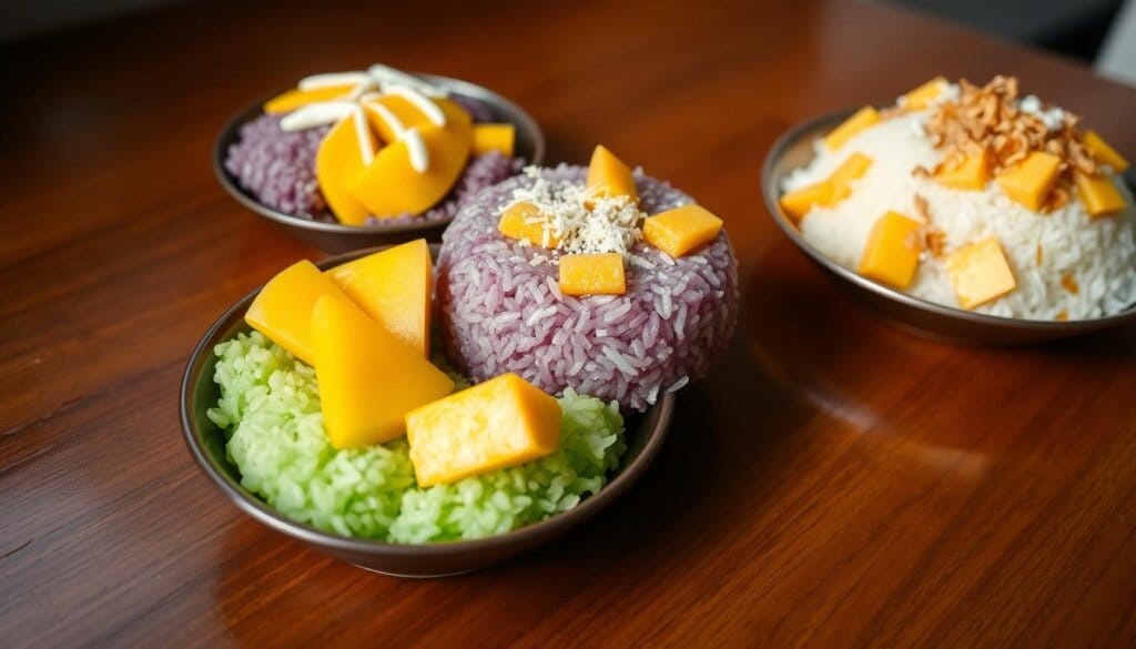 Variations of sticky rice with mango