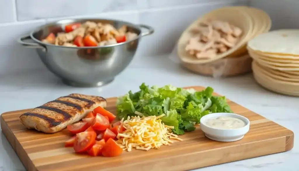 A clean, well-lit kitchen counter with a large wooden cutting board in the foreground. On the board, neatly arranged ingredients for a chicken wrap: grilled chicken breast, shredded lettuce, diced tomatoes, grated cheese, and a small bowl of creamy garlic sauce. Behind the cutting board, a stainless steel bowl filled with shredded rotisserie chicken, and a stack of fresh tortilla wraps. The lighting is soft and diffused, creating gentle shadows and highlights that emphasize the textures and colors of the ingredients. The overall composition is balanced and inviting, conveying the step-by-step preparation of a delicious and satisfying chicken wrap. A clean, well-lit kitchen counter with a large wooden cutting board in the foreground. On the board, neatly arranged ingredients for a chicken wrap: grilled chicken breast, shredded lettuce, diced tomatoes, grated cheese, and a small bowl of creamy garlic sauce. Behind the cutting board, a stainless steel bowl filled with shredded rotisserie chicken, and a stack of fresh tortilla wraps. The lighting is soft and diffused, creating gentle shadows and highlights that emphasize the textures and colors of the ingredients. The overall composition is balanced and inviting, conveying the step-by-step preparation of a delicious and satisfying chicken wrap.