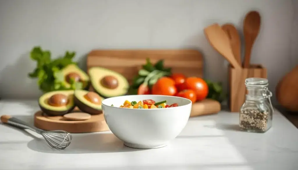 A cozy kitchen countertop filled with the essential tools for a delectable breakfast meal prep bowl. In the foreground, a crisp white ceramic bowl stands ready to be loaded with a rainbow of fresh ingredients. Next to it, a sleek metal whisk, a wooden spatula, and a small glass jar of fragrant spices. In the middle ground, a cutting board showcases halved avocados, juicy tomatoes, and a bundle of vibrant greens. Overhead, a soft diffused light bathes the scene in a warm, inviting glow, casting gentle shadows that add depth and texture. The clean, minimalist design and muted color palette create a serene, organized atmosphere, perfect for mindful meal prepping. A cozy kitchen countertop filled with the essential tools for a delectable breakfast meal prep bowl. In the foreground, a crisp white ceramic bowl stands ready to be loaded with a rainbow of fresh ingredients. Next to it, a sleek metal whisk, a wooden spatula, and a small glass jar of fragrant spices. In the middle ground, a cutting board showcases halved avocados, juicy tomatoes, and a bundle of vibrant greens. Overhead, a soft diffused light bathes the scene in a warm, inviting glow, casting gentle shadows that add depth and texture. The clean, minimalist design and muted color palette create a serene, organized atmosphere, perfect for mindful meal prepping.