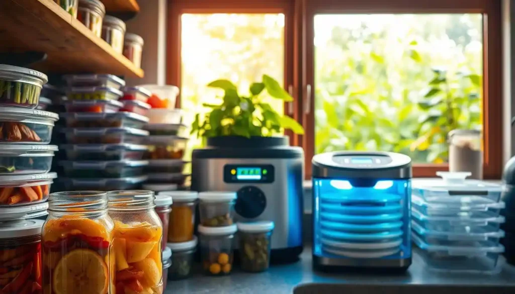 A kitchen counter filled with various food storage containers, jars, and preservation tools. In the foreground, a clear glass jar showcases the vibrant colors of preserved fruits or vegetables, while stacks of airtight plastic containers line the shelves. In the middle ground, a state-of-the-art vacuum sealer sits next to a dehydrator, their LED displays illuminating the scene. The background features a window overlooking a lush, verdant garden, bathed in warm, natural lighting that filters through the room. The overall atmosphere conveys a sense of organization, efficiency, and the joy of preserving the bounty of nature. Smart Ingredient Storage and Preservation Methods