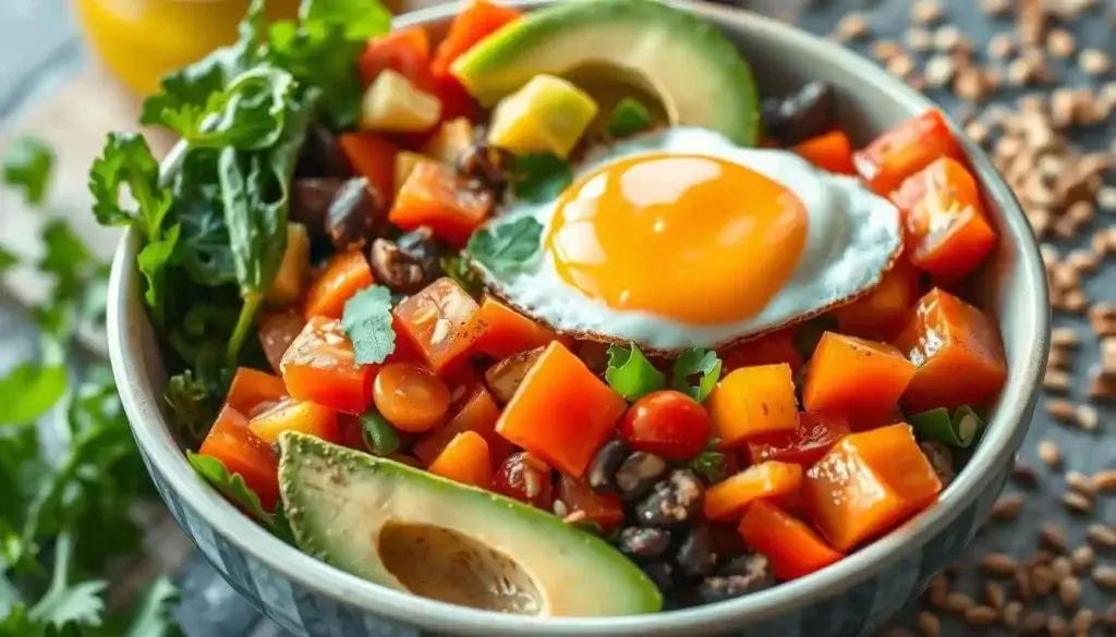 A mouthwatering vegetarian breakfast bowl overflows with a vibrant array of freshly chopped vegetables. In the foreground, a mix of crisp greens, juicy tomatoes, crunchy bell peppers, and creamy avocado slices create a visually appealing and nutrient-dense base. The middle ground features a perfectly cooked sunny-side-up egg, its golden yolk glistening under soft, natural lighting. In the background, a scattering of toasted seeds and whole grains adds texture and heartiness to this nourishing meal. The composition is balanced, the colors are vibrant, and the overall atmosphere exudes a sense of health and vitality, perfectly capturing the essence of a "Fresh Vegetables and Healthy Add-ins" breakfast bowl. A mouthwatering vegetarian breakfast bowl overflows with a vibrant array of freshly chopped vegetables. In the foreground, a mix of crisp greens, juicy tomatoes, crunchy bell peppers, and creamy avocado slices create a visually appealing and nutrient-dense base. The middle ground features a perfectly cooked sunny-side-up egg, its golden yolk glistening under soft, natural lighting. In the background, a scattering of toasted seeds and whole grains adds texture and heartiness to this nourishing meal. The composition is balanced, the colors are vibrant, and the overall atmosphere exudes a sense of health and vitality, perfectly capturing the essence of a "Fresh Vegetables and Healthy Add-ins" breakfast bowl.