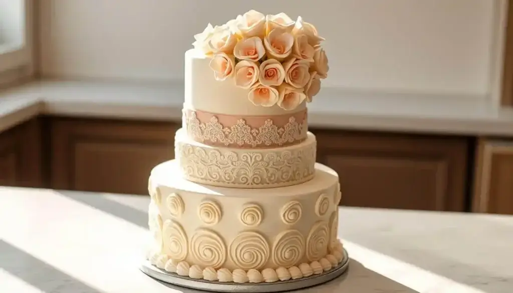 A tiered cake with elegant decorations sits on a marble countertop, bathed in soft, natural lighting. The bottom tier is adorned with intricate piped rosettes, while the middle tier features delicate lace patterns created with fondant. The top tier is decorated with a cascading arrangement of sugar flowers, their petals delicately crafted to appear lifelike. The cake is positioned at a slight angle, allowing the viewer to appreciate the elaborate design from multiple angles. The overall mood is one of refined sophistication, showcasing the skilled techniques of a master cake decorator. A tiered cake with elegant decorations sits on a marble countertop, bathed in soft, natural lighting. The bottom tier is adorned with intricate piped rosettes, while the middle tier features delicate lace patterns created with fondant. The top tier is decorated with a cascading arrangement of sugar flowers, their petals delicately crafted to appear lifelike. The cake is positioned at a slight angle, allowing the viewer to appreciate the elaborate design from multiple angles. The overall mood is one of refined sophistication, showcasing the skilled techniques of a master cake decorator.