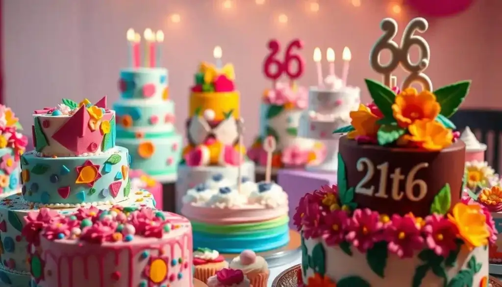 A vibrant display of tempting birthday cakes, showcasing a variety of creative and whimsical designs. The foreground features an array of cakes adorned with intricate patterns, playful decorations, and eye-catching colors, including a tiered cake with colorful geometric shapes, a cupcake tower with fondant flowers, and a cake featuring a vibrant tropical motif. The middle ground captures the cakes from various angles, highlighting their textures, layers, and attention to detail. The background sets a mood of celebration, with a soft, warm lighting that casts a glow over the delectable confections. The overall atmosphere exudes a sense of joy, creativity, and the anticipation of a memorable 26th birthday celebration. Celebrating your 26th birthday is a big deal. You want a cake that shows off your personality. Themed cakes are a fun way to share your interests and make your party unforgettable.