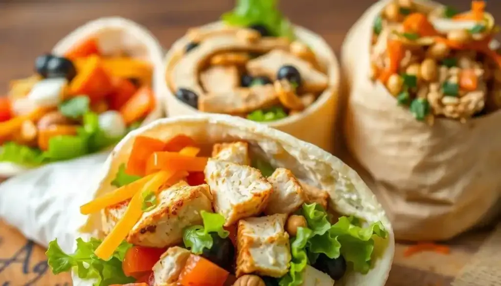 A visually striking and appetizing arrangement of different creative chicken wrap variations. In the foreground, a soft flour tortilla wrap is filled with juicy grilled chicken, melted cheddar cheese, crisp lettuce, and colorful diced tomatoes. In the middle ground, another wrap features a Mediterranean-inspired filling of seasoned chicken, hummus, feta, olives, and fresh herbs. In the background, a wrap with a Thai twist - shredded chicken, crunchy peanuts, shredded carrots, and a drizzle of spicy peanut sauce. The lighting is warm and natural, highlighting the vibrant colors and textures of the various fillings. Photographed from a slightly elevated angle to showcase the diverse and tempting options. A visually striking and appetizing arrangement of different creative chicken wrap variations. In the foreground, a soft flour tortilla wrap is filled with juicy grilled chicken, melted cheddar cheese, crisp lettuce, and colorful diced tomatoes. In the middle ground, another wrap features a Mediterranean-inspired filling of seasoned chicken, hummus, feta, olives, and fresh herbs. In the background, a wrap with a Thai twist - shredded chicken, crunchy peanuts, shredded carrots, and a drizzle of spicy peanut sauce. The lighting is warm and natural, highlighting the vibrant colors and textures of the various fillings. Photographed from a slightly elevated angle to showcase the diverse and tempting options.